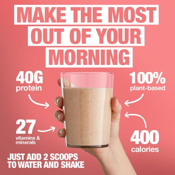 A clean, minimalist 1:1 square graphic that uses a hand-held product shot to emphasize ease-of-use and nutritional density for a busy morning audience.